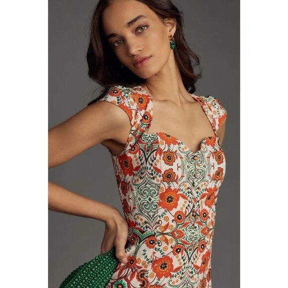 Anthropologie Cecily fit flare sweetheart neck floral orange midi dress small - Picture 2 of 11